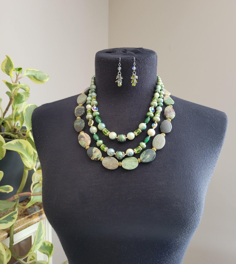 Forest Green 1950 Vintage Glass, Faux Pearls, Semi Precious Opal Stones Necklace with Swarovski Crystal Earrings, One of a Kind image 5