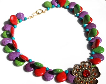 Purple Red Green Semi Precious Howlite Handmade Statement Necklace, Flower Pendant, Rhinestones, One of a Kind