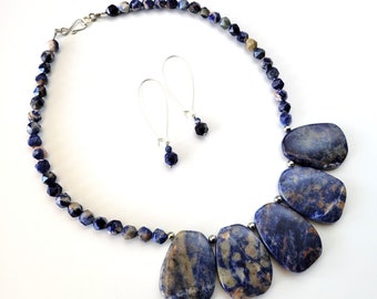 Sodalite Gemstone Necklace and Silver Plated Earring Set, Calming Stone, Natural Stone, Healing Stone, One of a Kind Set