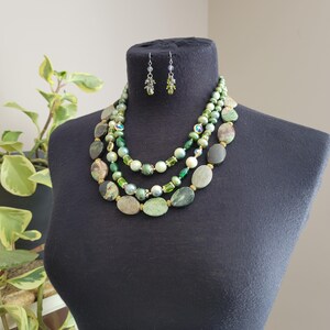 Forest Green 1950 Vintage Glass, Faux Pearls, Semi Precious Opal Stones Necklace with Swarovski Crystal Earrings, One of a Kind image 10