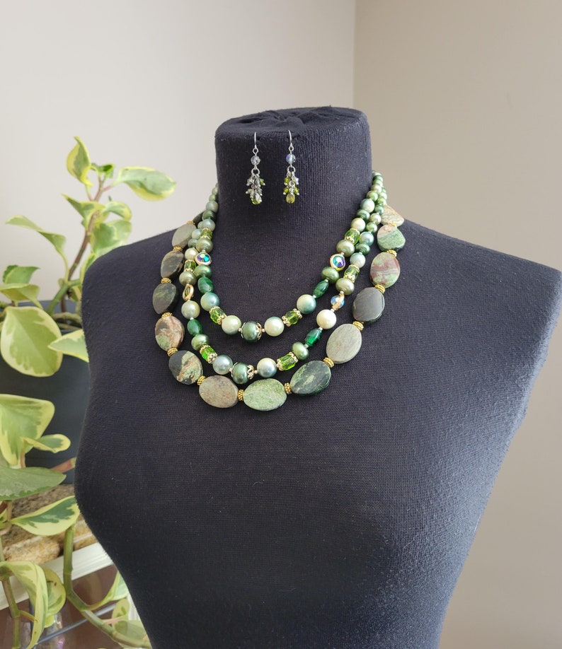 Forest Green 1950 Vintage Glass, Faux Pearls, Semi Precious Opal Stones Necklace with Swarovski Crystal Earrings, One of a Kind image 10