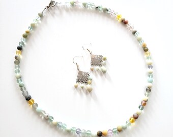 Natural Amazonite, Citrine, Fluorite Gemstones Handmade Necklace and Earring Set, Natural Stones, Nature Inspired, One of a Kind