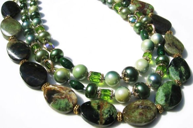 Forest Green 1950 Vintage Glass, Faux Pearls, Semi Precious Opal Stones Necklace with Swarovski Crystal Earrings, One of a Kind image 3