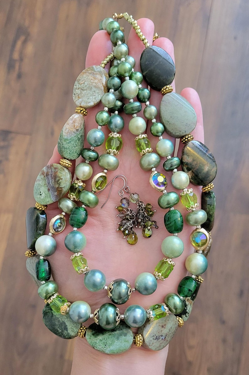 Forest Green 1950 Vintage Glass, Faux Pearls, Semi Precious Opal Stones Necklace with Swarovski Crystal Earrings, One of a Kind image 4