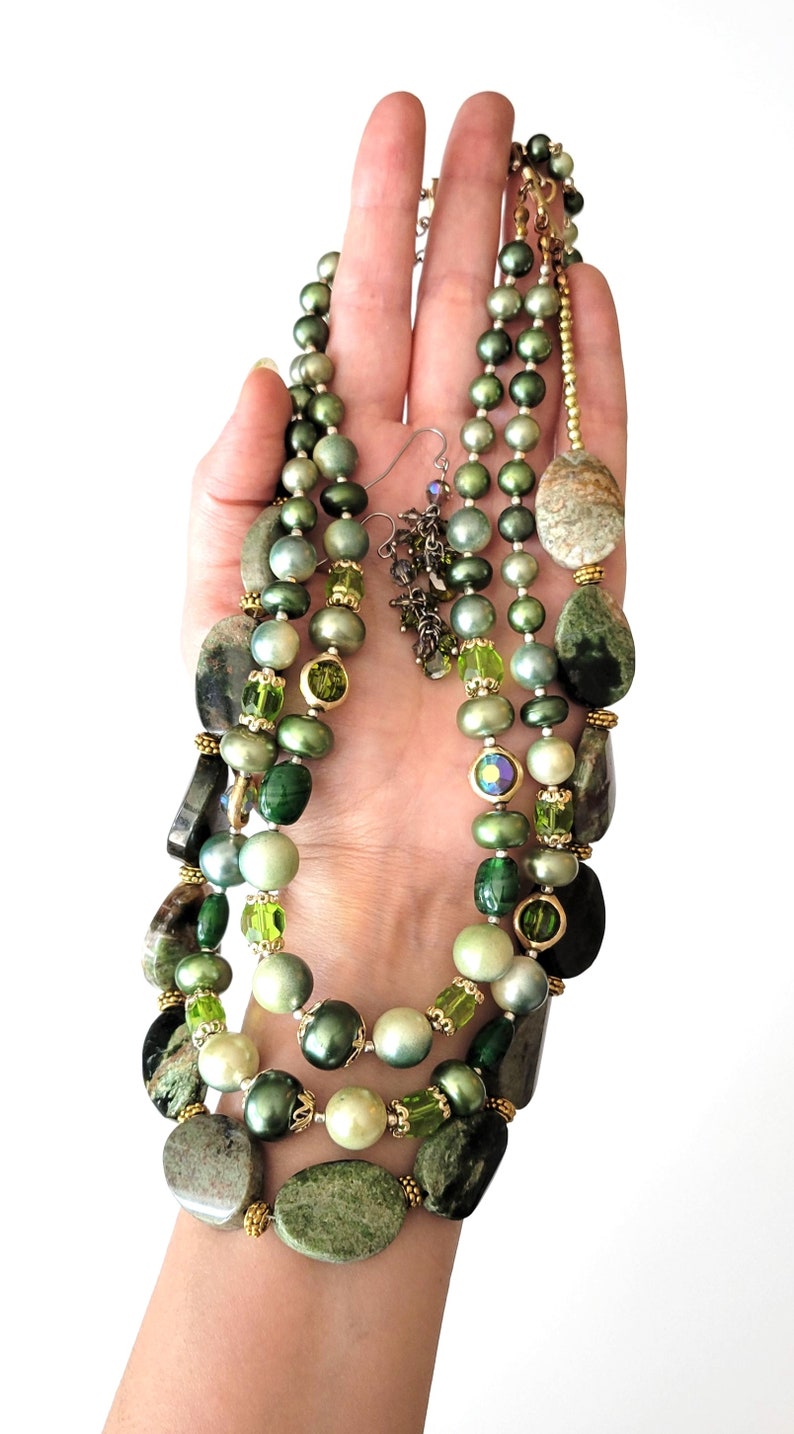 Forest Green 1950 Vintage Glass, Faux Pearls, Semi Precious Opal Stones Necklace with Swarovski Crystal Earrings, One of a Kind image 7