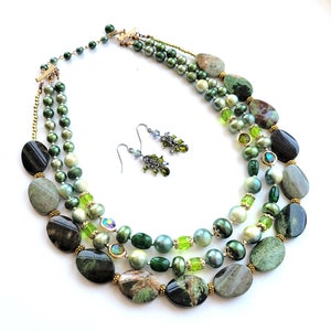 Forest Green 1950 Vintage Glass, Faux Pearls, Semi Precious Opal Stones Necklace with Swarovski Crystal Earrings, One of a Kind image 1
