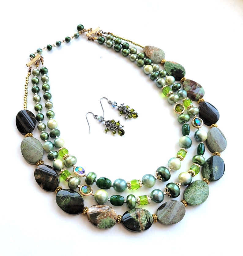 Forest Green 1950 Vintage Glass, Faux Pearls, Semi Precious Opal Stones Necklace with Swarovski Crystal Earrings, One of a Kind image 1