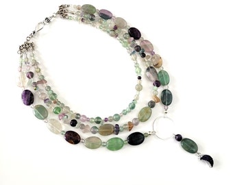 Semi Precious Rainbow Fluorite and Silver Plated Agate Moon Crescent Gemstones Handmade Necklace, Healing Stones, Positive Energy, Balance