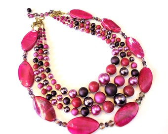 Redesigned Pink and Purple Midcentury Vintage Japan and Semi Precious Agate Stone Handmade Statement Necklace, One of a Kind