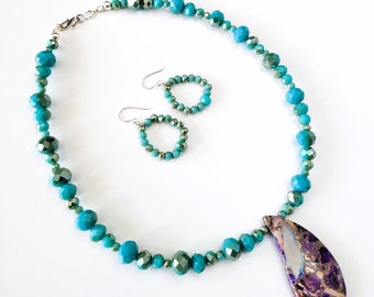 Aqua Aurora Borealis Glass Beads and Semi Precious Impression Jasper Pendant Handmade Necklace and Earring Set, One of a Kind