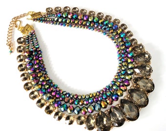 Carnival Rainbow Faceted Glass and Smoky Gems Handmade Necklace, Statement, Aurora Borealis, One of a Kind, Peacock, Purple, Blue, Gold