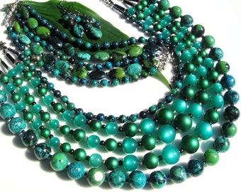 Green Jasper Chrysocolla Necklace, Bracelet & Earrings: Vintage Moonglow Bead Set