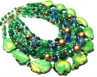 Shades of Green Vintage Beads with Turquoise Howlite and Chrysocolla Gemstone, Firepolish Glass, Handmade Necklace