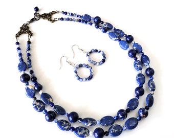 Natural Dark Blue Emperor Stone, Sea Sediment Jasper, Sodalite Stone Necklace and Earring Set, Handmade, Midnight Blue, Cobalt Blue