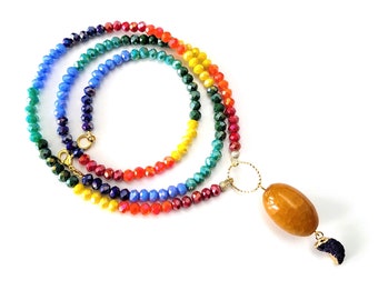 Rainbow Glass Bead Necklace with Agate Stone and Gold Plated Druzy Agate Moon Crescent Charm, Handmade, One of a Kind, Pride, LGBTQ+