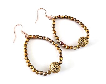 Rutkovsky Bronze Copper Metallic Beads and Vintage Filigree Metal Bead Oval Earrings with Sterling Silver Hooks, Handmade, One of a Kind