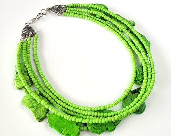 Fresh Green Howlite Stones and Glass Bead Handmade Necklace, Stone Necklace, Semi Precious, One of a Kind