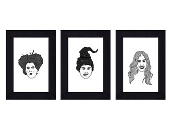 Set of 3 - 4 x 6 Framed Hocus Pocus Sanderson Sisters Halloween Prints - Winifred, Sarah, Mary