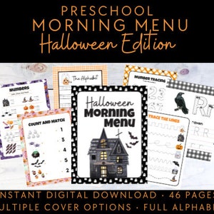 Halloween Preschool Morning Menu: 46-Page Worksheet Bundle (Digital Download)