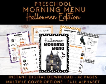 Puede incluir: Un menú de la mañana de Halloween para preescolar imprimible con 46 páginas, múltiples opciones de portada y el alfabeto completo. La portada presenta una ilustración en blanco y negro de una casa encantada con murciélagos volando alrededor.