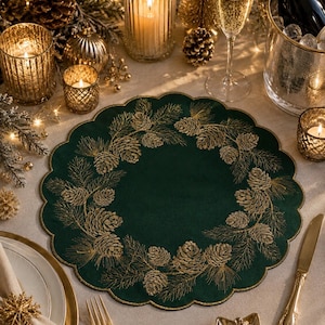 Embroidered Pine Cone Placemats Set | Green Gold Holiday Table Decor (15in Round)