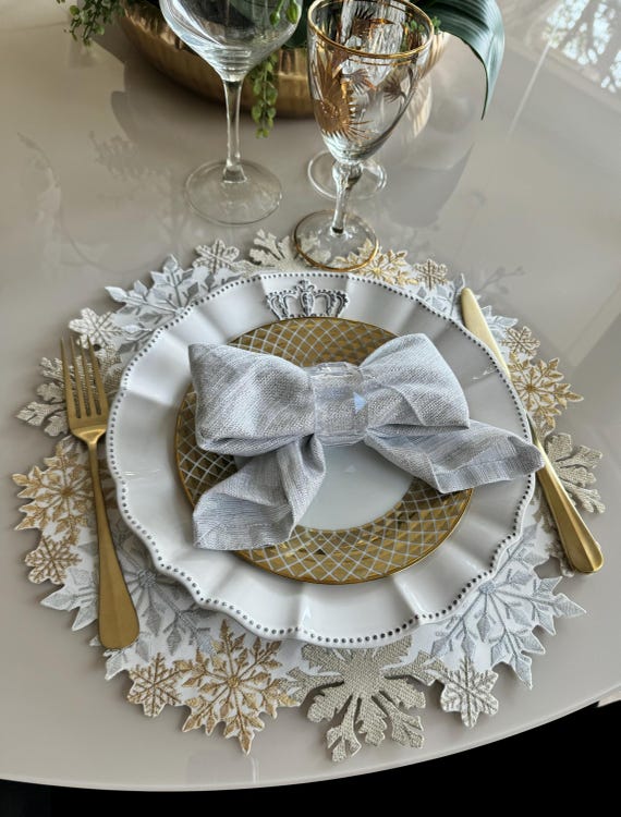Set 4 Tovagliette Rotonde Ricamate A Fiocco Di Neve - 38.1 Cm, In Poliestere, Per Decorazione Natalizia (Oro) - 3