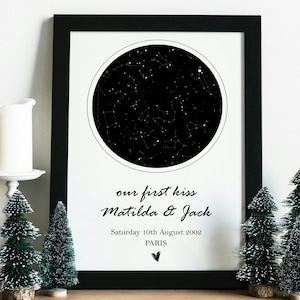 Personalisierte Sternenkarte Druck, Benutzerdefinierte Nachthimmel Karte, Unser erstes Kuss Geschenk, Romantisches Date Kunst, Benutzerdefinierte Konstellationskarte, Besonderer Moment Geschenk