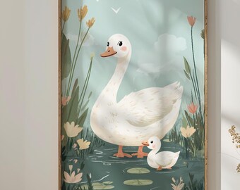 Arte de pared con familia de gansos, arte de pared para guardería, impresión digital, cisne, arte de pared de ganso, estilo de libro de cuentos vintage, arte de pared de ganso, pato