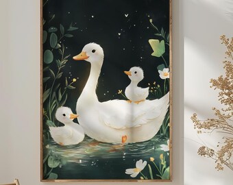 Arte de pared con familia de gansos, arte de pared para guardería, impresión digital, cisne, arte de pared de ganso, estilo de libro de cuentos vintage, arte de pared de ganso, pato