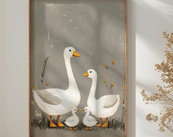 Arte de pared con familia de gansos, arte de pared para guardería, impresión digital, cisne, arte de pared de ganso, estilo de libro de cuentos vintage, arte de pared de ganso, pato