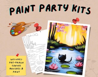 May include: Paint Party Kits image with the text "PAINT PARTY KITS". The image includes a painting of a black cat in a pond with pink water lilies, a paint palette, brushes, and pre-drawn canvas.