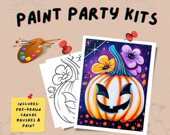 Jack-O-lantern Paint Party Kit / Halloween pumpkin Fun / Pre-drawn Outline canvas / DIY / Fall Craft Set for All Ages