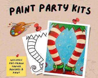Elfin Magic Paint Party Kit - Festive Holiday Craft Set for All Ages / DIY Paint / Pre-drawn outline canvas