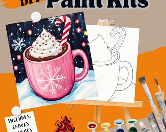 May include: DIY Paint Kits image featuring a pink mug of hot chocolate with whipped cream and a candy cane. The kit includes canvas, brushes, and paint. The words "DIY Paint Kits" are at the top of the image.