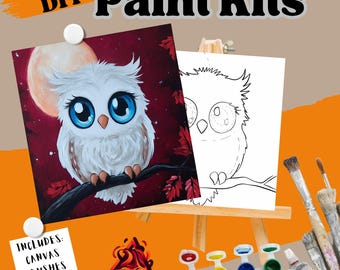 WOO WOO Who loves an Owl / Gift Ideas DIY Paint Kit - Festive Holiday Craft Set for All Ages / Paint party / Pre-drawn outline canvas