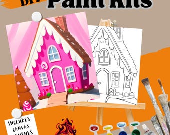 May include: DIY paint kit featuring a pink gingerbread house with white icing and brown candy details. The kit includes a canvas, brushes, and paint.