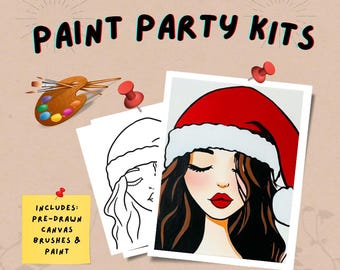 Lady Christmas Paint Party Kit - Festive Holiday Craft Set for All Ages / DIY Paint / Pre-drawn outline canvas
