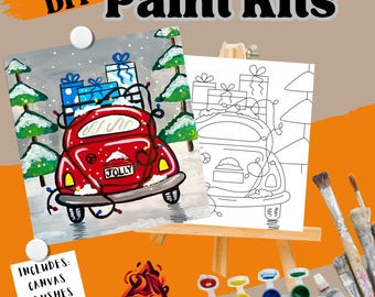 May include: DIY paint kit featuring a red car with presents on top, driving through a snowy winter scene. The kit includes a canvas, brushes, and paint.