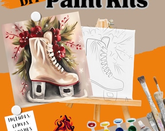 Ice Skating fun for the Holidays DIY Paint Kit - Festive Holiday Craft Set for All Ages / Paint party / Pre-drawn outline canvas