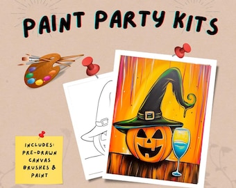 Witchy Jack-O-lantern Paint Party Kit, Fall Canvas Art, pre-drawn Outline canvas, DIY Paint kit, Fall Craft Set for All Ages