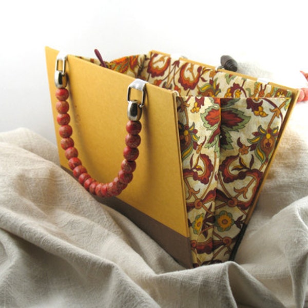 Hardcover book purse recycled yellow orange red brown bead handle