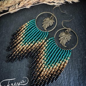 Turquoise Gold and Black Ombre Beaded Earrings. Gradient Short Fringe Handmade Dangle Earrings, Bohemian Seed Bead Earrings, Perfect Gift