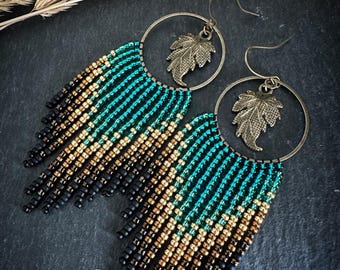 Turquoise Gold and Black Ombre Beaded Earrings. Gradient Short Fringe Handmade Dangle Earrings, Bohemian Seed Bead Earrings, Perfect Gift