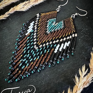 Bronze Turquoise Feather Fringe Earrings, Boho Handmade Beaded Earrings, Seed Bead Statement Earrings, Dangle Elegant Earrings, Gift for Her