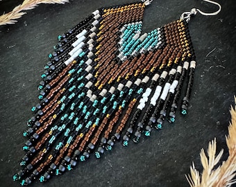 Bronze Turquoise Feather Fringe Earrings, Boho Handmade Beaded Earrings, Seed Bead Statement Earrings, Dangle Elegant Earrings, Gift for Her