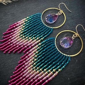 Turquoise Pink Beaded short Fringe Earrings, Crystal Ombre Fringe Lightweight Handmade Gradient Earrings Teal earrings, Perfect Gift for Her