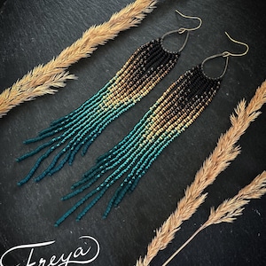 Bronze Black and Turquoise Beaded Festival Earrings, Statement Ombre long fringe seed bead earrings, Teal Gradient Handmade Earrings