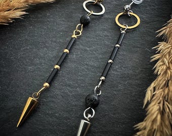 Modern Tribal Spike beaded Earrings - Long Geometric Statement, Lava Stone and Spike Earrings - Edgy Minimalist Design Bar drop, Unique Gift