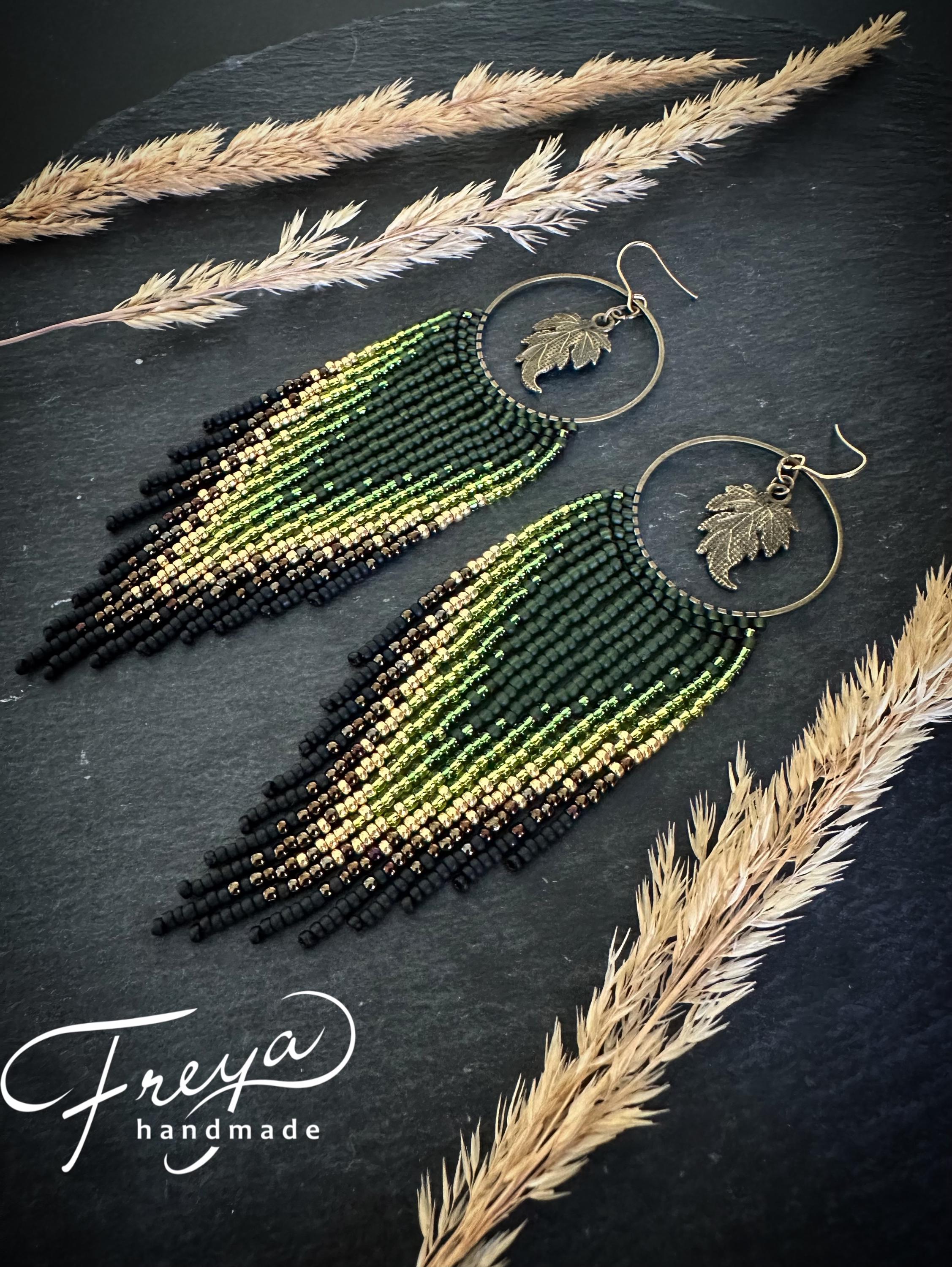 Bronze forest green ombre beaded earrings Boho long fringe seed bead earrings Gradient dangle earrings Statement earrings - gift for her
