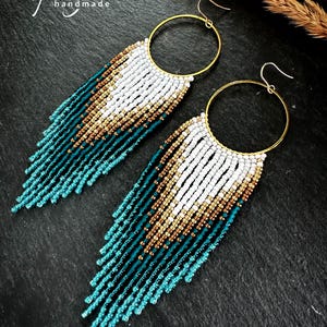 Gold white and blue beaded earrings, ombre long fringe handmade gradient earrings, dangle turquoise earrings, perfect gift for Her